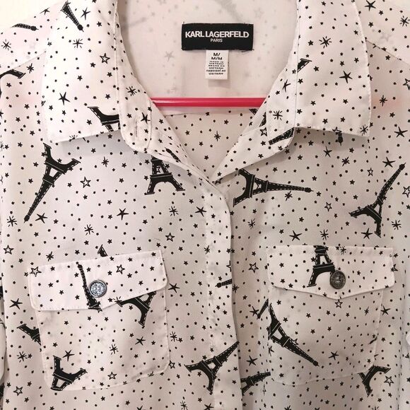Karl Lagerfeld Paris Blouse Sz M Eiffel Tower Stars Print Button Front - Picture 3 of 15
